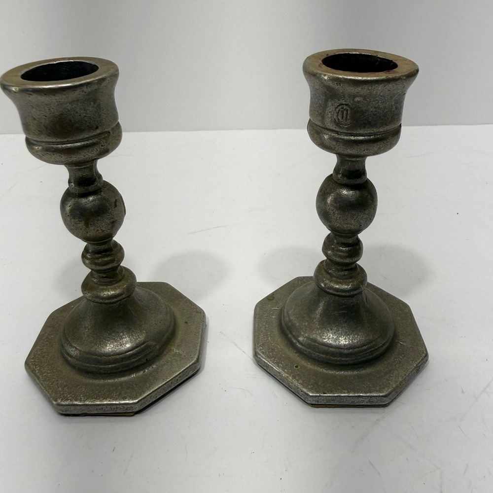 Vintage Metal Candlestick Holders Pair Octagonal Base Pewter Tone Rustic Decor